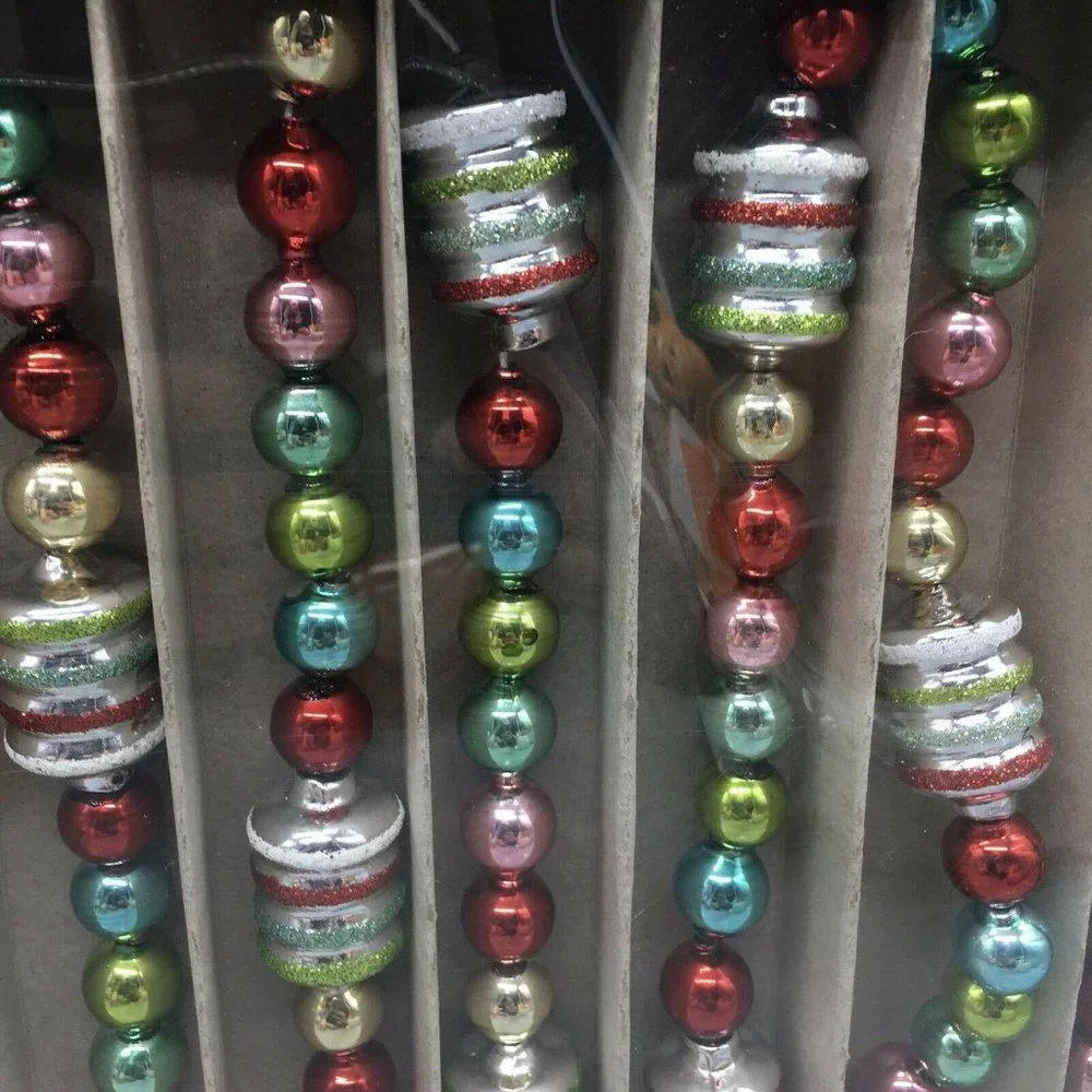 x2 Radko Shiny Brite Glass Christmas Tree Garland Figural Red Pink Aqua 7/14ft